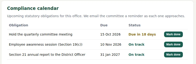 Portal screen: compliance calendar with due dates for the committee meeting, awareness session and annual report
