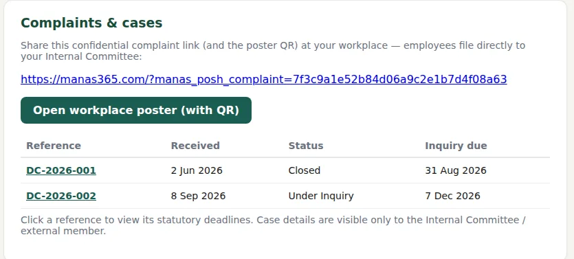 Portal screen: complaints and cases with references, received dates, status and inquiry due dates