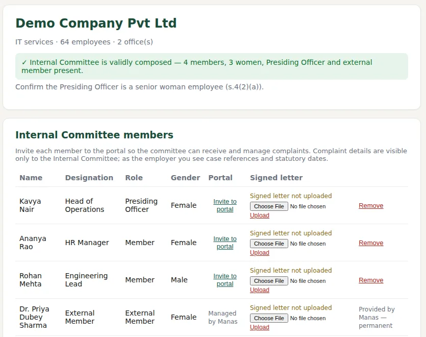 Portal screen: the Internal Committee list for a demo company, with a green note that the committee is validly composed