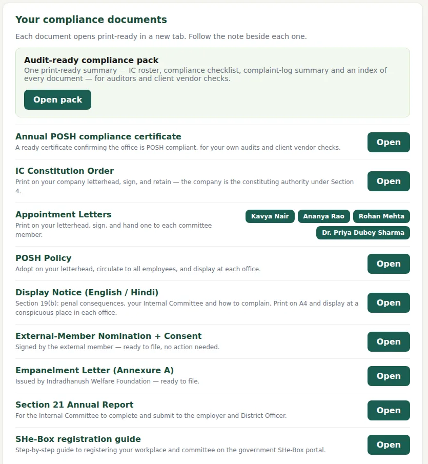 Portal screen: the list of compliance documents, each with an Open button